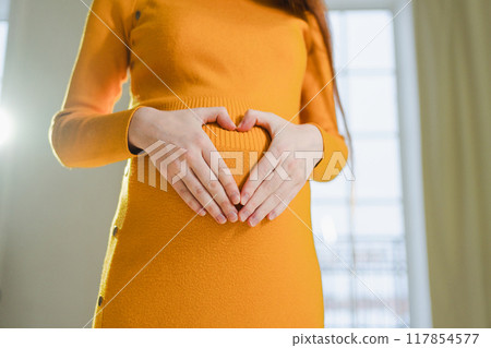 Pregnancy motherhood expectation future. Pregnant woman hands touching big belly. Girl making heart shape with hands enjoying pregnancy. Pregnant woman showing heart sign. Maternity love new life 117854577