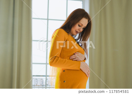 Pregnancy motherhood people expectation future. Pregnant woman with big belly standing near window at home. Girl hugging her tummy enjoying pregnancy. Maternity tenderness parenthood new life concept 117854581