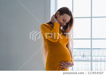 Pregnancy motherhood people expectation future. Pregnant woman with big belly standing near window at home. Girl hugging her tummy enjoying pregnancy. Maternity tenderness parenthood new life concept 117854587
