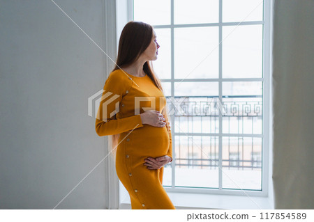 Pregnancy motherhood people expectation future. Pregnant woman with big belly standing near window at home. Girl hugging her tummy enjoying pregnancy. Maternity tenderness parenthood new life concept 117854589