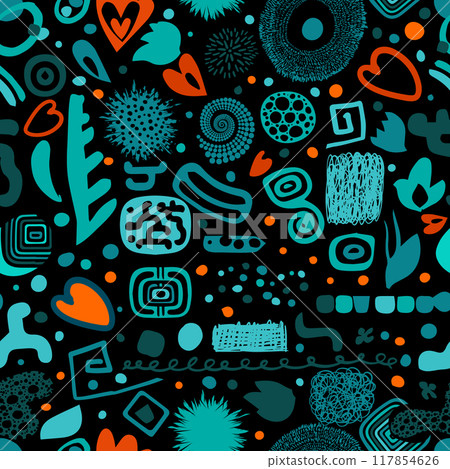 Seamless trendy pattern on a black background of colored different elements. hand drawing. Trendy colors. Not AI, Vector illustration 117854626