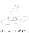 Coloring page witch hat, Halloween element, fairytale headdress with buckle. 117854715