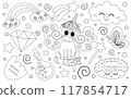 Coloring page is a magical set of elements with a unicorn, a cute cloud, magic objects and stars, a donut and wings, potions and a diamond, a butterfly and a rainbow. 117854717