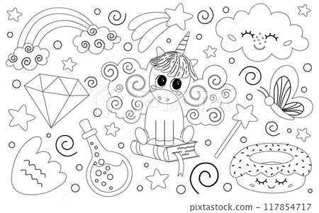 Coloring page is a magical set of elements with a unicorn, a cute cloud, magic objects and stars, a donut and wings, potions and a diamond, a butterfly and a rainbow. Coloring page is a magical set of elements with a unicorn, a cute cloud, magic objects and stars, a donut and wings, potions and a diamond, a butterfly and a rainbow. 117854717