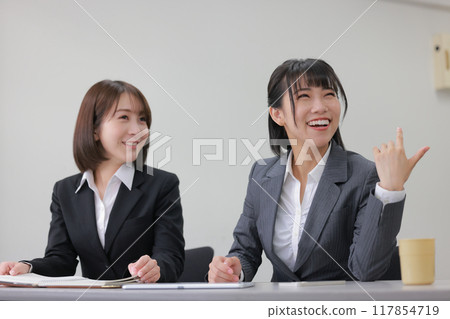Two businesswomen having a peaceful meeting_1 Two businesswomen having a peaceful meeting_1 117854719
