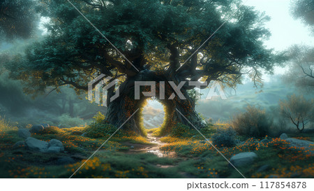 A bizarre tree with an oval opening in the trunk, looks like a miracle door in a mysterious forest. 117854878