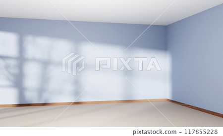 3d empty room corner with sunlight. Realistic render of house interior perspective with blue painted wall, natural wood plinth and beige floor, white ceiling. Office or studio mockup. 3D illustration 3d empty room corner with sunlight. Realistic render of house interior perspective with blue painted wall, natural wood plinth and beige floor, white ceiling. Office or studio mockup. 3D illustration 117855228