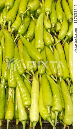 top view green bell peppers are stacked on top of each other in the container, food, vegettable, spicy, copy space top view green bell peppers are stacked on top of each other in the container, food, vegettable, spicy, copy space 117855243