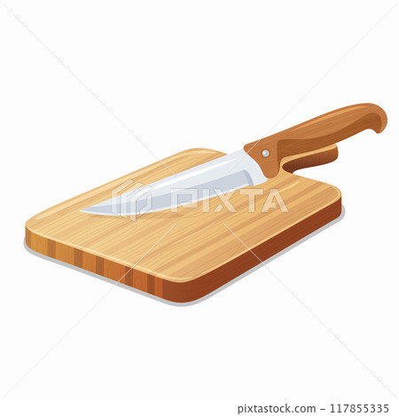 Flat Vector Wooden Cutting Board with Kitchen Knife Icon. Cutting Board and Knife Design Template. Chopping Board with Knife Isolated on White Background 117855335