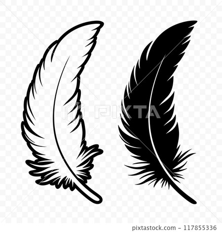 Vector Black and White Fluffy Feather Logo Icons. Silhouette Feather Set Closeup Isolated. Design Template of Flamingo, Angel, Bird Feather. Lightness and Freedom Concept 117855336