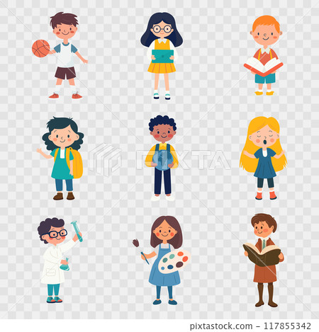 Flat Cartoon School Kids Engaged in Various Subjects - Science, Literature, Geography. Vector Illustration for Education, Learning. Colorful Minimalist School Design Template 117855342