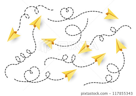 Vector Realistic Paper Planes Collection. Paper Plane Icon Set. Heart Shaped Flying Paper Plane with Dotted Air Route. Yellow Paper Planes with Dotted Route Line Vector Realistic Paper Planes Collection. Paper Plane Icon Set. Heart Shaped Flying Paper Plane with Dotted Air Route. Yellow Paper Planes with Dotted Route Line 117855343