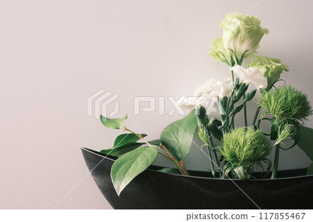 Green and white fresh flowers, lisianthus, dianthus, bellflower, right, white Green and white fresh flowers, lisianthus, dianthus, bellflower, right, white 117855467