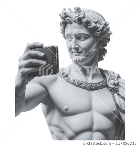 Contemporary conceptual art poster featuring a statue and a hand holding a smartphone, in surrealism style. Contemporary conceptual art poster featuring a statue and a hand holding a smartphone, in surrealism style. 117856735