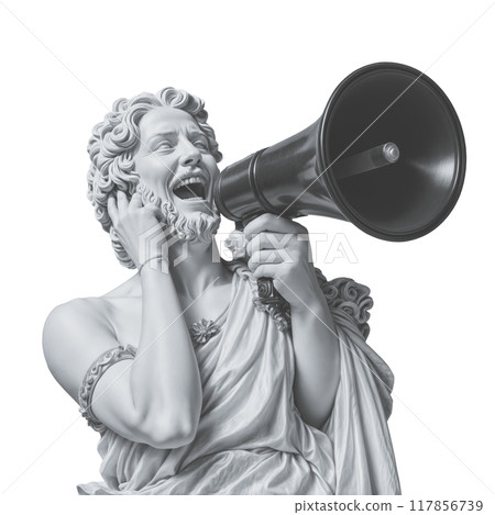 Antique bust of man with megaphone on transparent background. Action, advertising 117856739