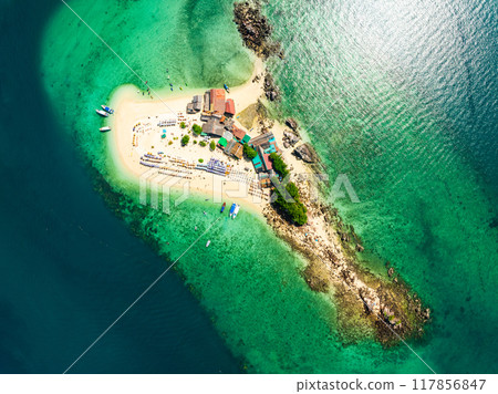 Aerial view drone shot of Amazing small island beautiful tropical sandy beach landscape view at koh Khai maew Island in Phang Nga Thailand,Amazing small island 117856847