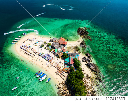 Aerial view drone shot of Amazing small island beautiful tropical sandy beach landscape view at koh Khai maew Island in Phang Nga Thailand,Amazing small island 117856855