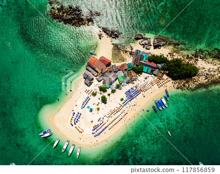 Aerial view drone shot of Amazing small island beautiful tropical sandy beach landscape view at koh Khai maew Island in Phang Nga Thailand,Amazing small island 117856859