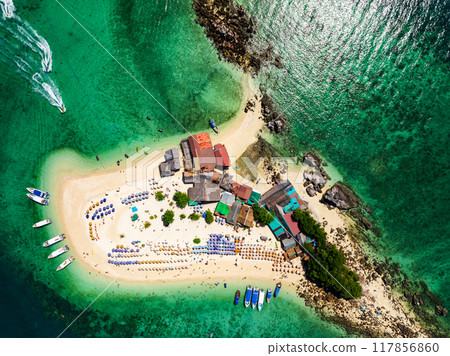 Aerial view drone shot of Amazing small island beautiful tropical sandy beach landscape view at koh Khai maew Island in Phang Nga Thailand,Amazing small island 117856860