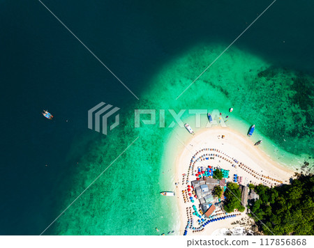 Aerial view drone shot of Amazing small island beautiful tropical sandy beach landscape view at koh Khai maew Island in Phang Nga Thailand,Amazing small island 117856868