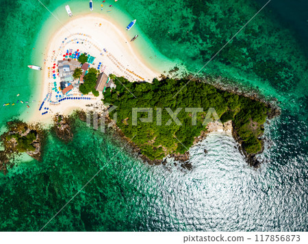 Aerial view drone shot of Amazing small island beautiful tropical sandy beach landscape view at koh Khai maew Island in Phang Nga Thailand,Amazing small island 117856873