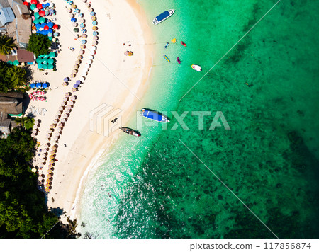 Aerial view drone shot of Amazing small island beautiful tropical sandy beach landscape view at koh Khai maew Island in Phang Nga Thailand,Amazing small island 117856874