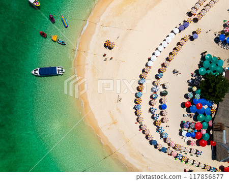 Aerial view drone shot of Amazing small island beautiful tropical sandy beach landscape view at koh Khai maew Island in Phang Nga Thailand,Amazing small island 117856877