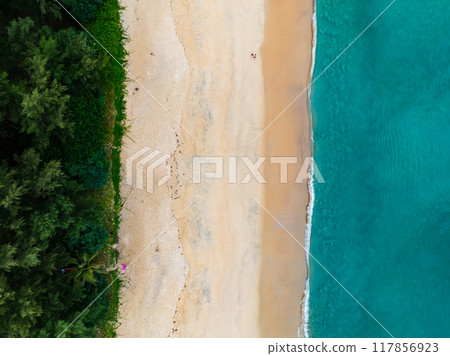 Beautiful sea summer landscape, Waves sea water surface High quality video Bird's eye view, Drone top view waves crashing on sand beach,Nature ocean sea beach background 117856923
