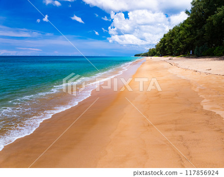 Beautiful sea summer landscape, Waves sea water surface High quality video Bird's eye view, Drone top view waves crashing on sand beach,Nature ocean sea beach background 117856924