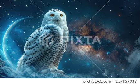 Snowy Owl with piercing yellow eyes, its white feathers blending into a swirling galaxy of stars 117857038