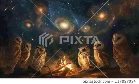 A group of owls, each representing a different species, gathered around a campfire beneath a sky filled  117857054