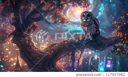 Barred Owl, its camouflage blending into the bark of a tree that's growing upside down, roots reaching towards Barred Owl, its camouflage blending into the bark of a tree that's growing upside down, roots reaching towards 117857062