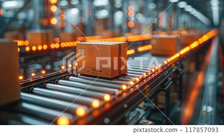 Cardboard Box on Conveyor Belt in Warehouse 117857093