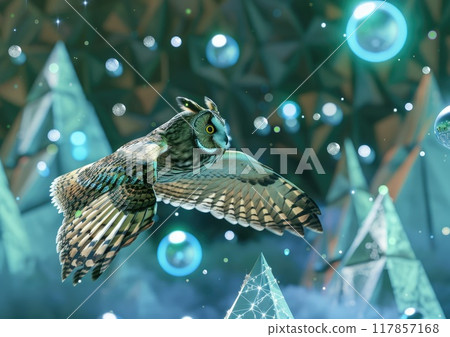 Long-eared Owl in mid-flight, its wings leaving a trail of stardust as it soars through a surreal, geometric landscape 117857168