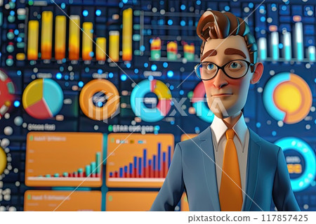 Cheerful Finance Director Presenting Animated Financial Report with Vibrant Visuals Cheerful Finance Director Presenting Animated Financial Report with Vibrant Visuals 117857425