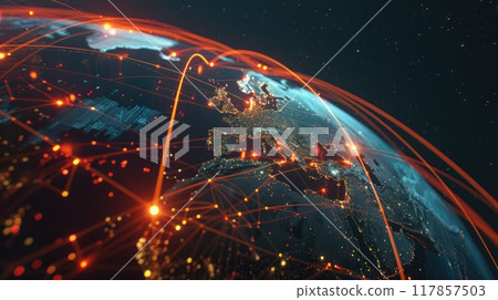 3D illustration of a rotating globe, with intricate networks of glowing lines emanating from major cities. 117857503