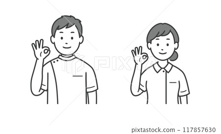 Upper body illustration of a male and female nurse making an OK pose 117857630