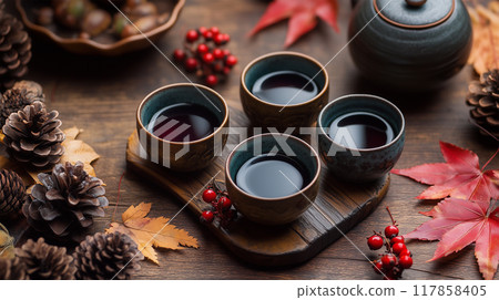 秋天的裝飾和熱紅酒 117858405