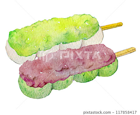 水彩插圖看起來美味的團子艾蒿和 zunda 117858417