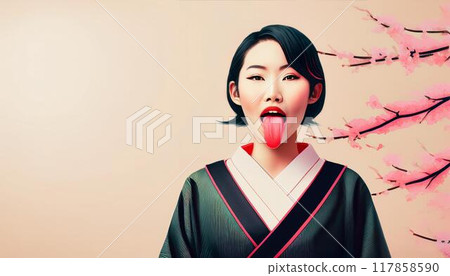 背景是梅花的女人伸出舌頭的肖像 背景是梅花的女人伸出舌頭的肖像 117858590