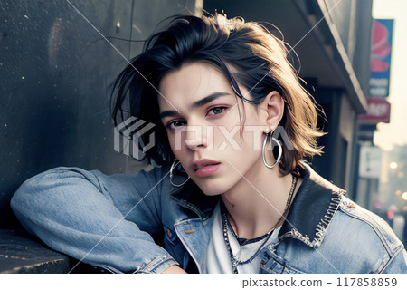 Handsome man leaning against a wall outdoors, generative ai 117858859