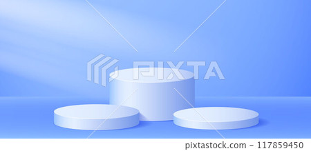 Three 3d podium background in light blue color. Studio platforms stage concept. Soft cylinder pedestal scene for poster, banner, mockup design, product template, showcase display. Vector Three 3d podium background in light blue color. Studio platforms stage concept. Soft cylinder pedestal scene for poster, banner, mockup design, product template, showcase display. Vector 117859450