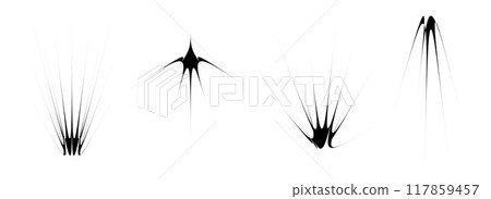 Black thin spiky element set. Abstract thorn semicircle shapes and angular twinkles bundle. Futuristic spokes objects for poster, collage, banner, logo, card, icon, label, sticker, badge. Vector Black thin spiky element set. Abstract thorn semicircle shapes and angular twinkles bundle. Futuristic spokes objects for poster, collage, banner, logo, card, icon, label, sticker, badge. Vector 117859457