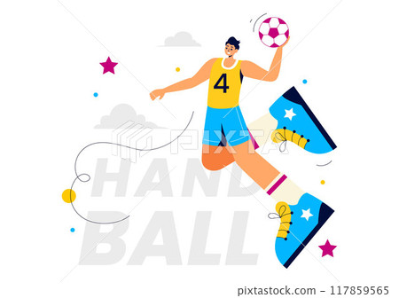 Handball Vector Illustration of a Player Touching the Ball and Scoring a Goal During a Sports Competition in a Flat Style Cartoon Background 117859565