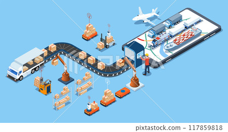 Automated Guided Vehicles (AGVs) with 5G-enabled mobile tech, vision systems, and virtual mapping revolutionize logistics, boosting transport efficiency and smart warehouse management. vector eps10 117859818