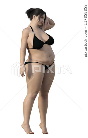 Illustration of a fat woman in a bikini Cute Japanese 3D model full body sideways right facing 117859858
