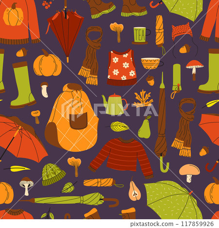 Seamless pattern for fall season. Autumn cozy set with sweater, umbrellas, and mushrooms. Vector illustration. 117859926