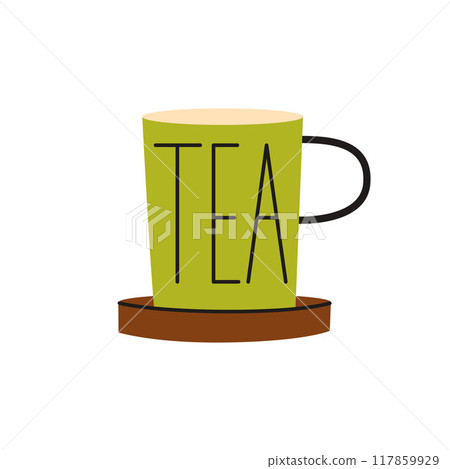Green cup of tea. Hand drawn flat vector illustration for autumn and fall. Mug with wooden coaster. Cozy collections Green cup of tea. Hand drawn flat vector illustration for autumn and fall. Mug with wooden coaster. Cozy collections 117859929