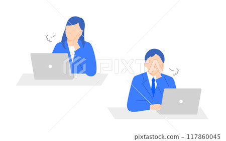 一位男性和女性商人將下巴靠在電腦上嘆息的插圖 117860045