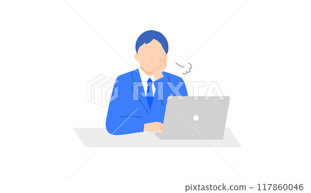 Illustration of a male business person sighing while resting his chin in front of a PC 117860046